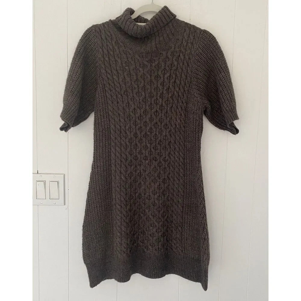 Alberto Makali Sz Large Cable Knit Turtleneck Dress Brown‎ Wool Blend